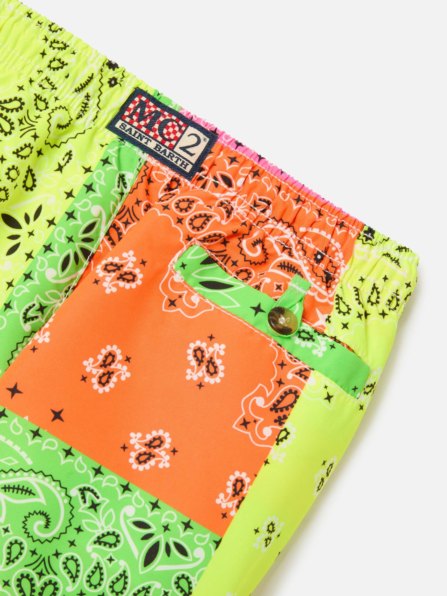 Costume da bagno da bambino con stampa bandana multicolore fluo