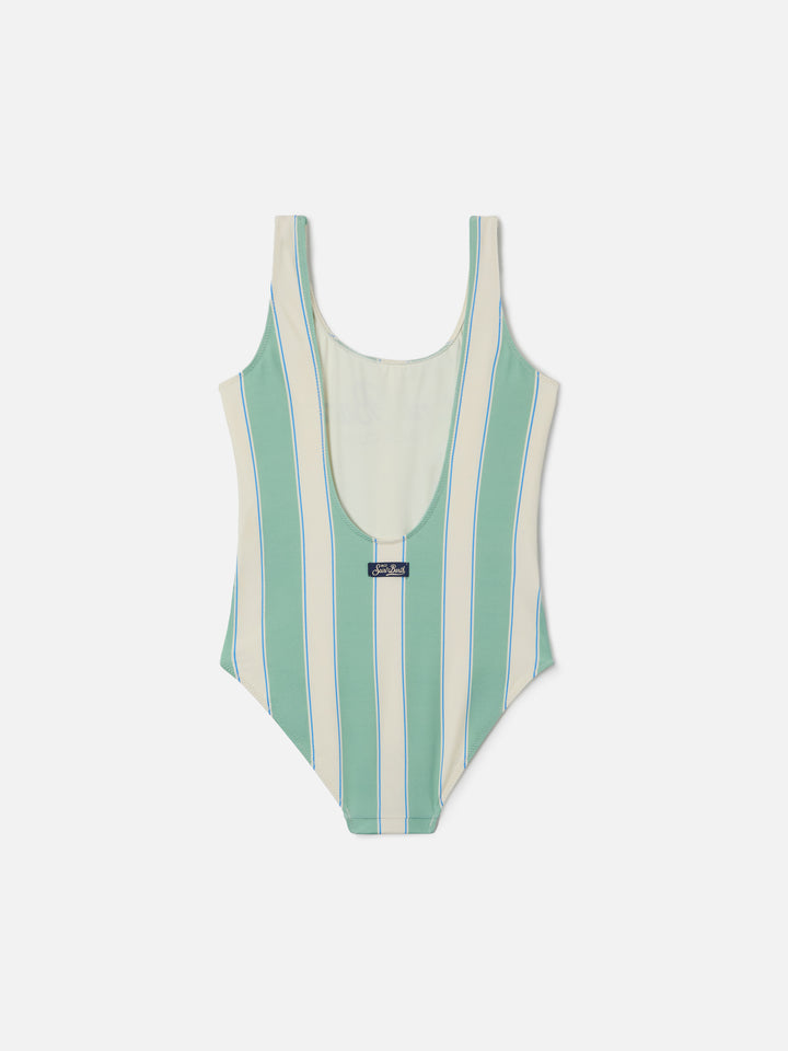 Cara green and white striped one-piece swimsuit with Beach Club print