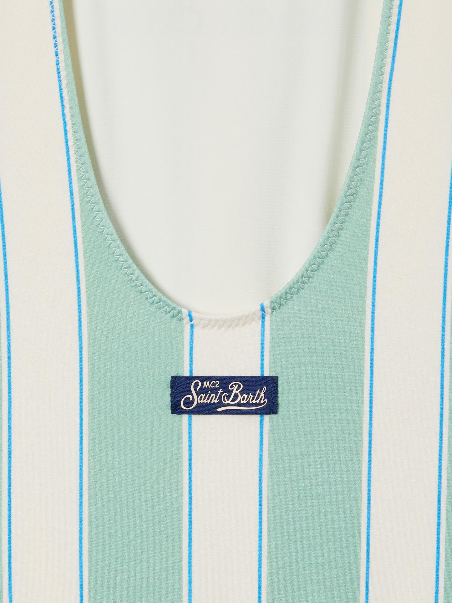 Costume intero Cara a righe verdi e bianche con stampa Beach Club