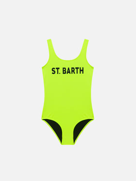 Costume intero da bambina stampa St. Barth giallo fluo