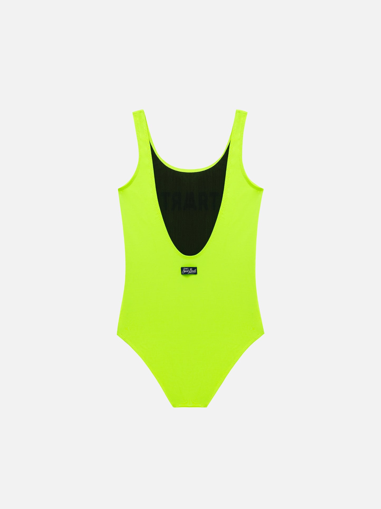 Gelber Fluo-Mädchen-Badeanzug mit St. Barth-Print