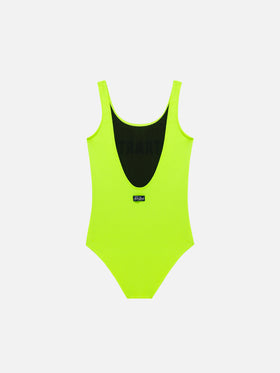 Gelber Fluo-Mädchen-Badeanzug mit St. Barth-Print