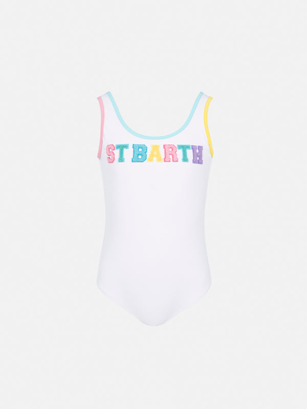 Cara white ribbed one-piece swimsuit with multicolor logo patch