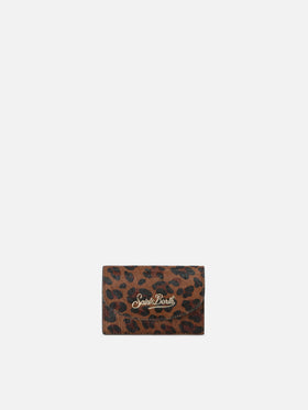 Tarjetero de piel con estampado de leopardo 