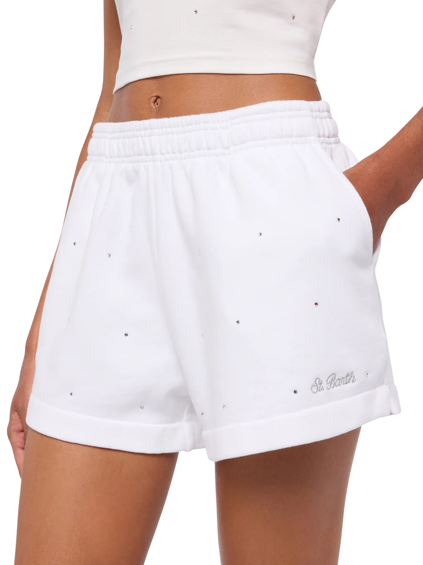 Weiße Pull-Up-Shorts aus Baumwolle von Cate mit gestreifter Strassverzierung