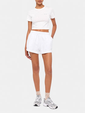 Shorts pull-up Cate de algodón blanco con adorno de strass a rayas 