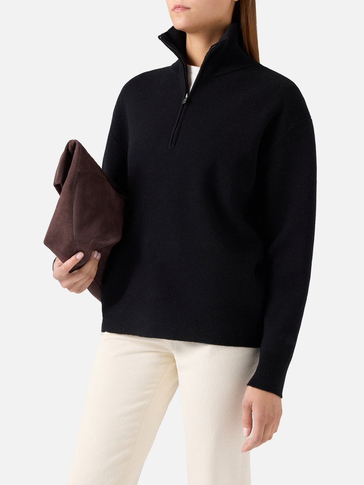 Schwarzer Capucine Wollstrick mit Half-Zip 