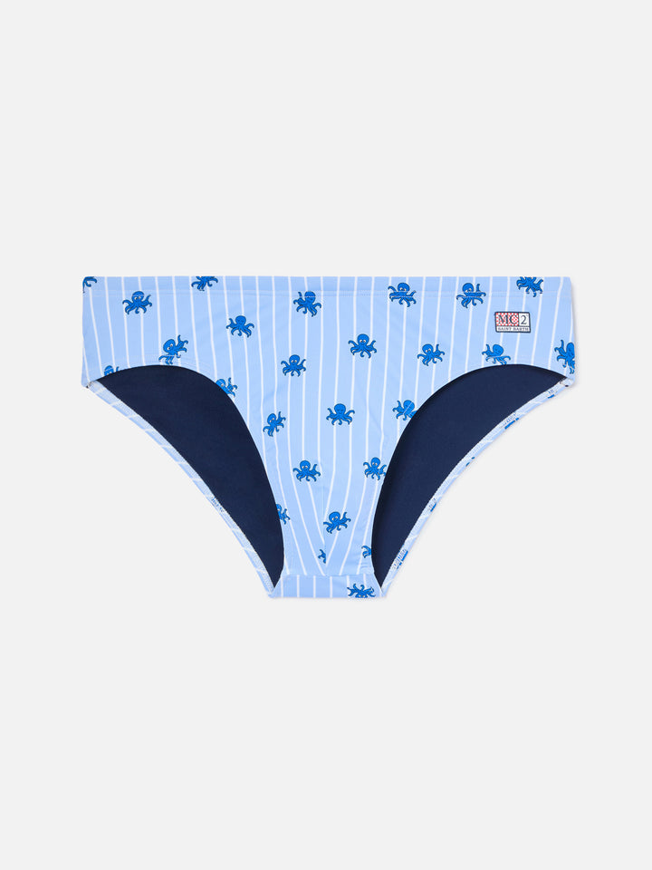 Cayo light blue striped swim briefs with octopus print