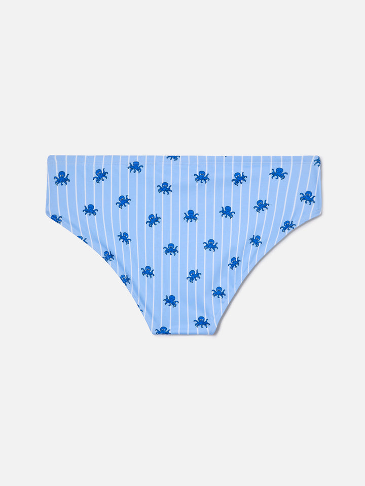 Cayo light blue striped swim briefs with octopus print