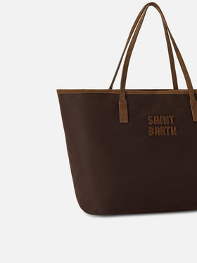 Borsa Large City marrone in tessuto cerato con ricamo logo