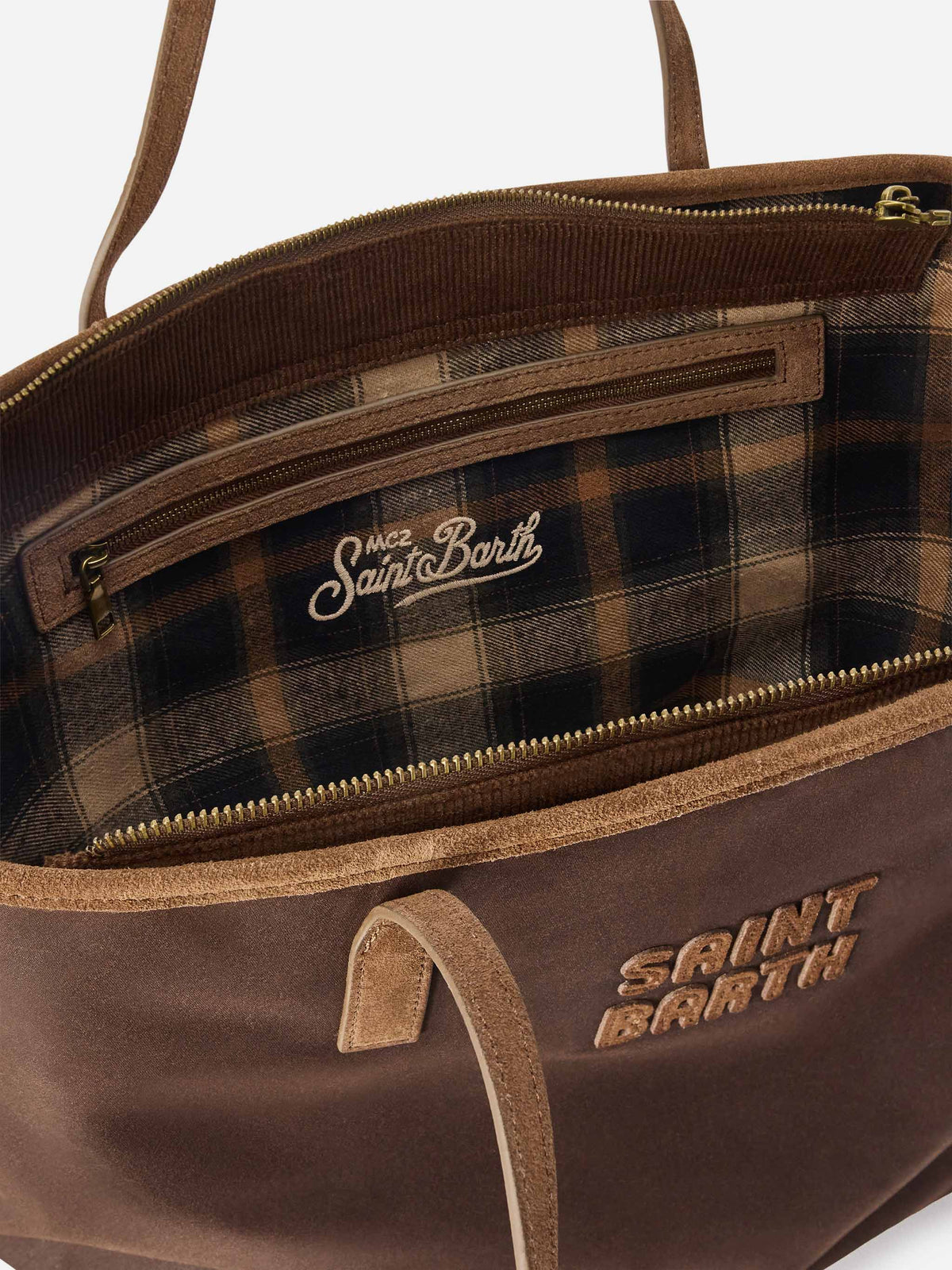 Borsa Large City marrone in tessuto cerato con ricamo logo