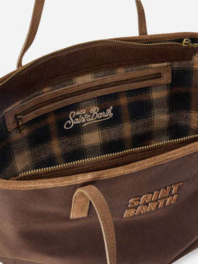 Borsa Large City marrone in tessuto cerato con ricamo logo