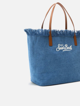 City regular bag in denim fabric with fringes