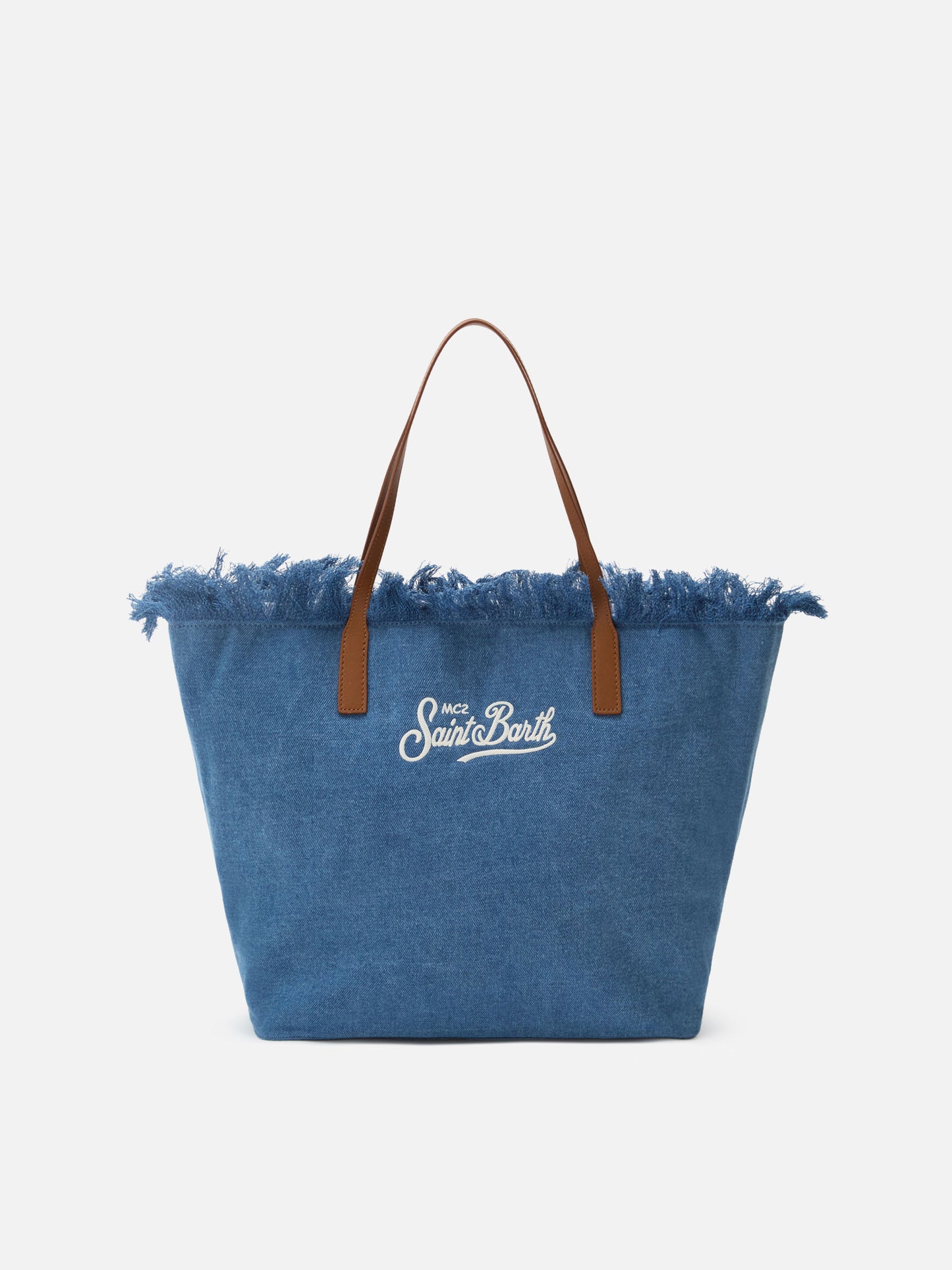 City regular bag in denim fabric with fringes
