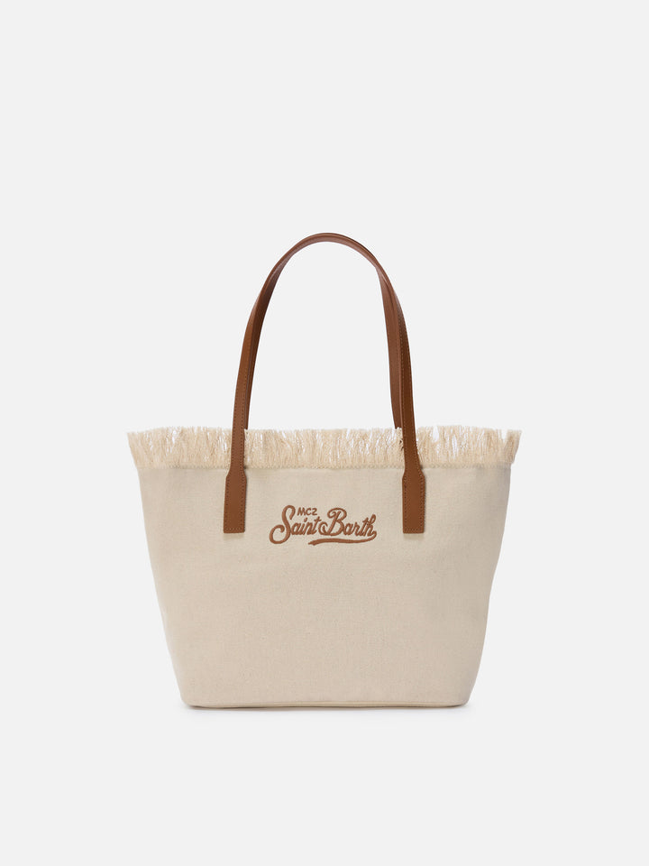 White medium City canvas shopper bag with fringes