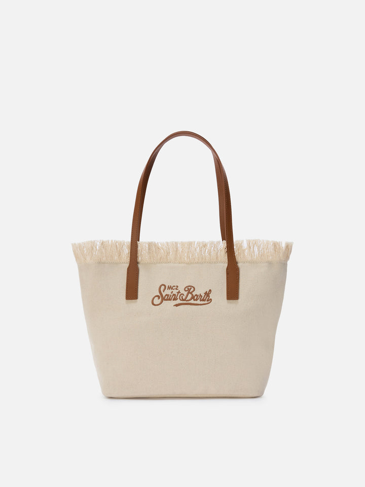 White medium City canvas shopper bag with fringes
