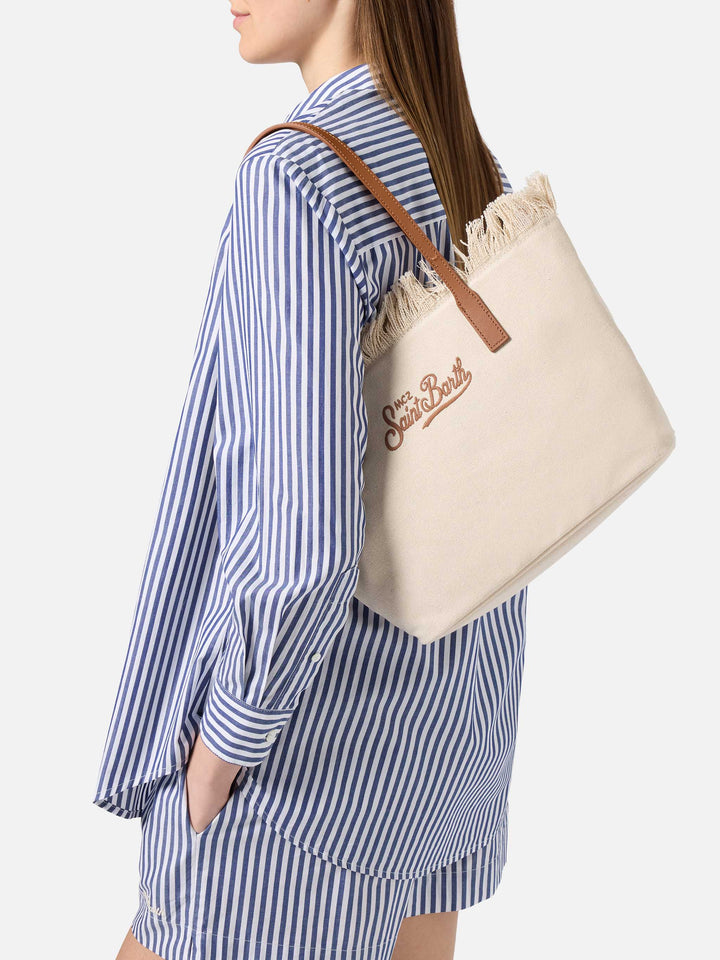 White medium City canvas shopper bag with fringes