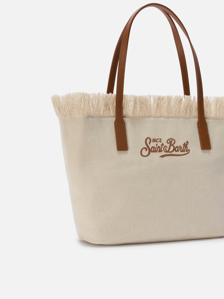 White medium City canvas shopper bag with fringes