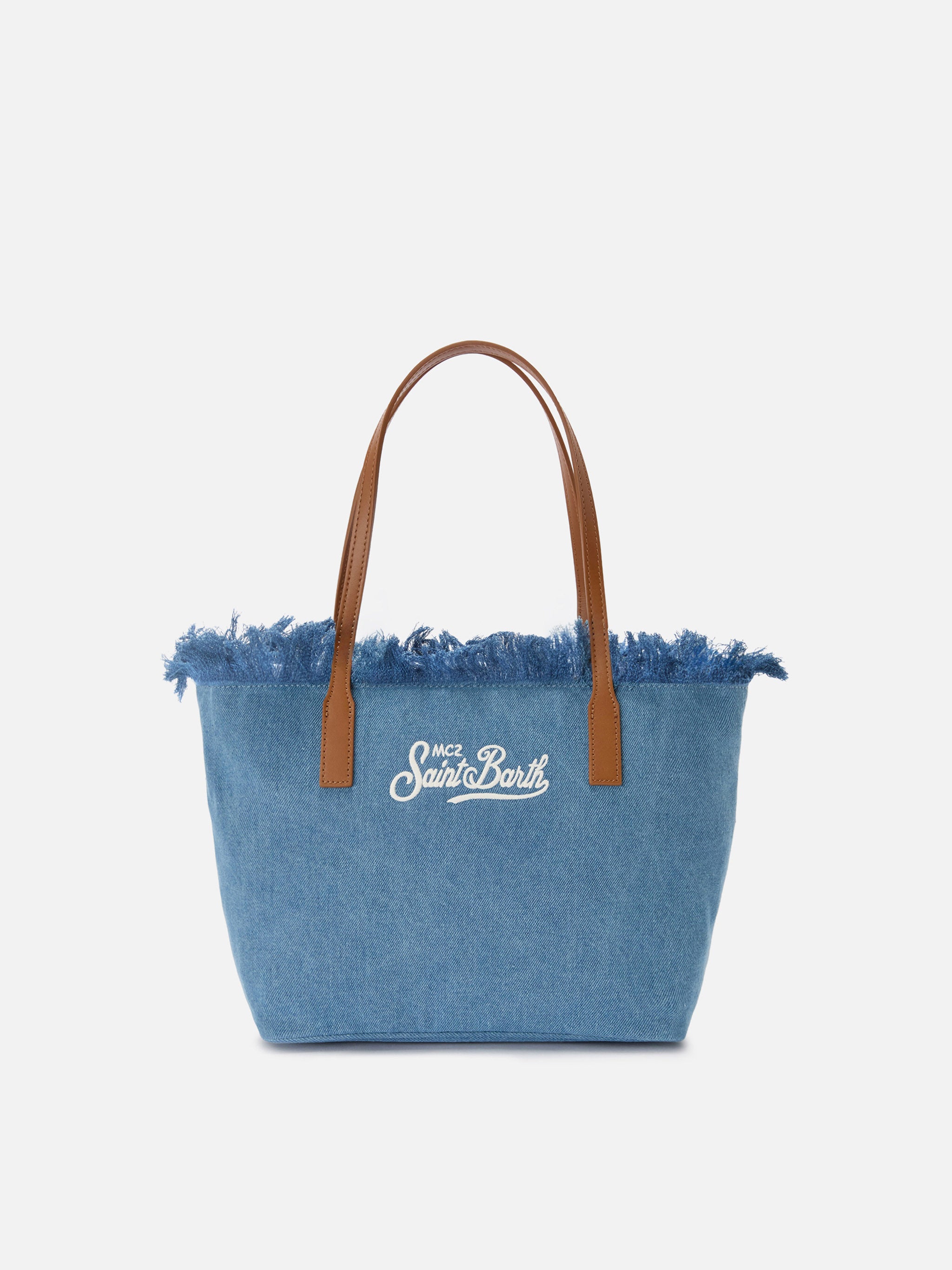 Medium City shopper bag in denim fabric with fringes – MC2 Saint Barth