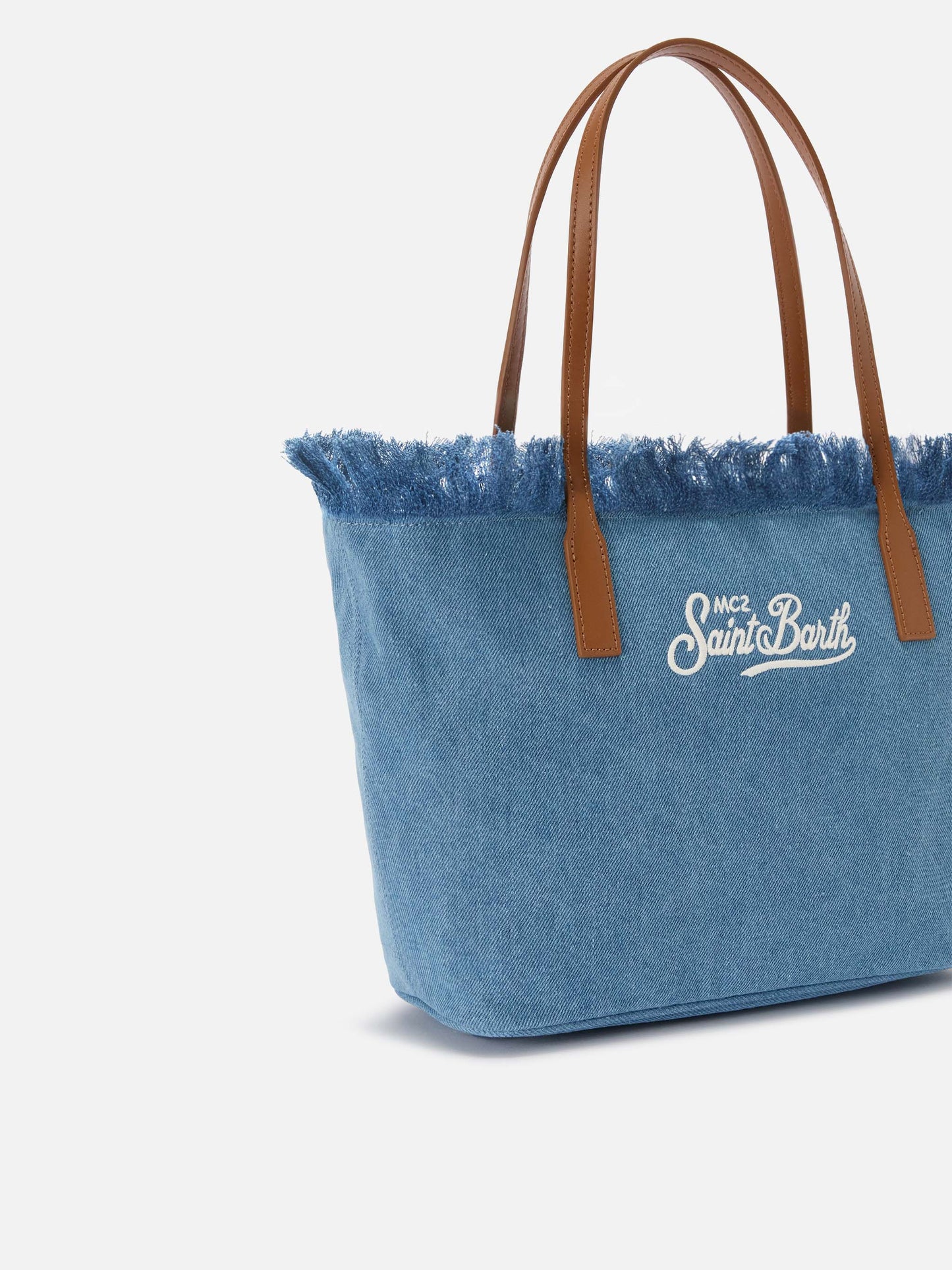 Medium City shopper bag in denim fabric with fringes