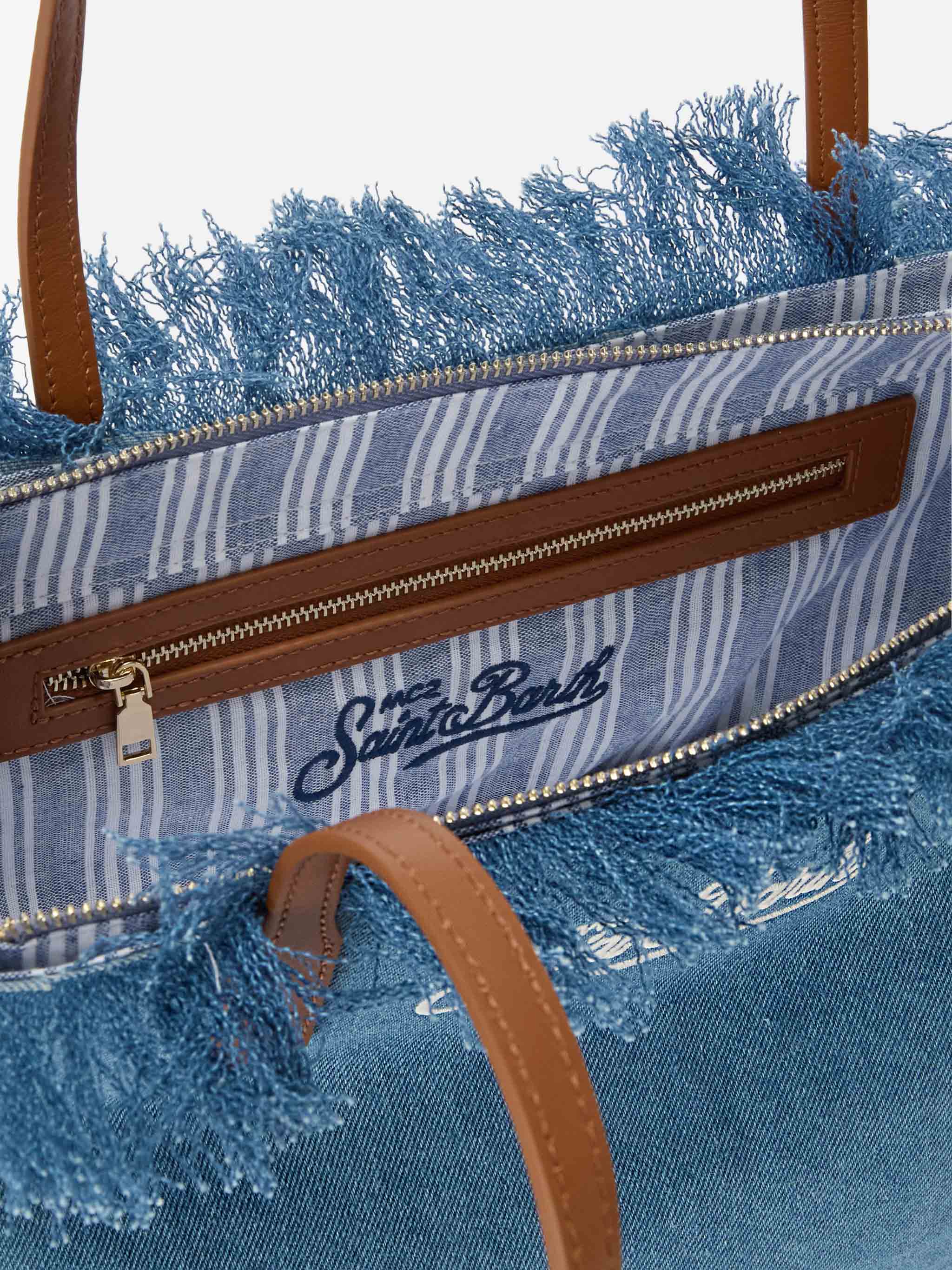 Medium City shopper bag in denim fabric with fringes – MC2 Saint Barth