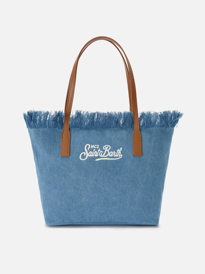 Medium City shopper bag in denim fabric with fringes