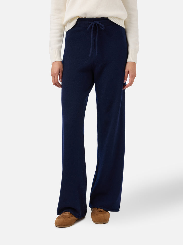Cambon palazzo trousers in pure wool navy blue high waist with drawstring