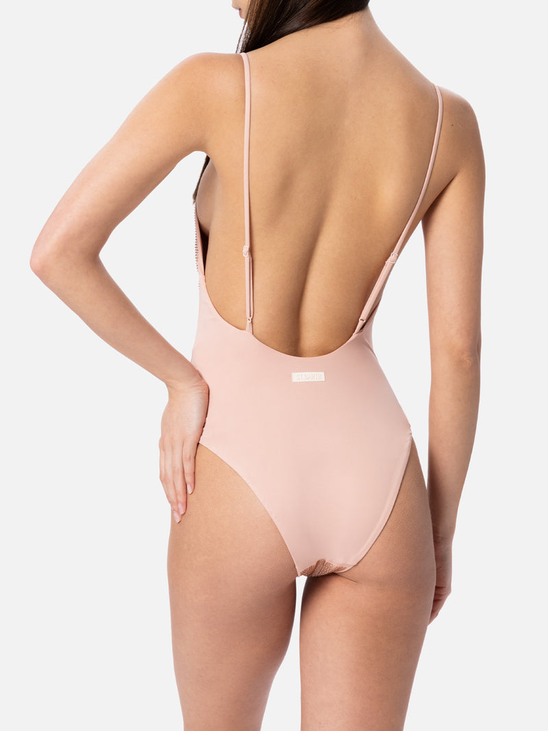 Woman pale one-piece swimsuit Cecille with rhinestones