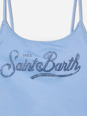 Costume intero Cecille Jr in tessuto glossy finish con logo in strass