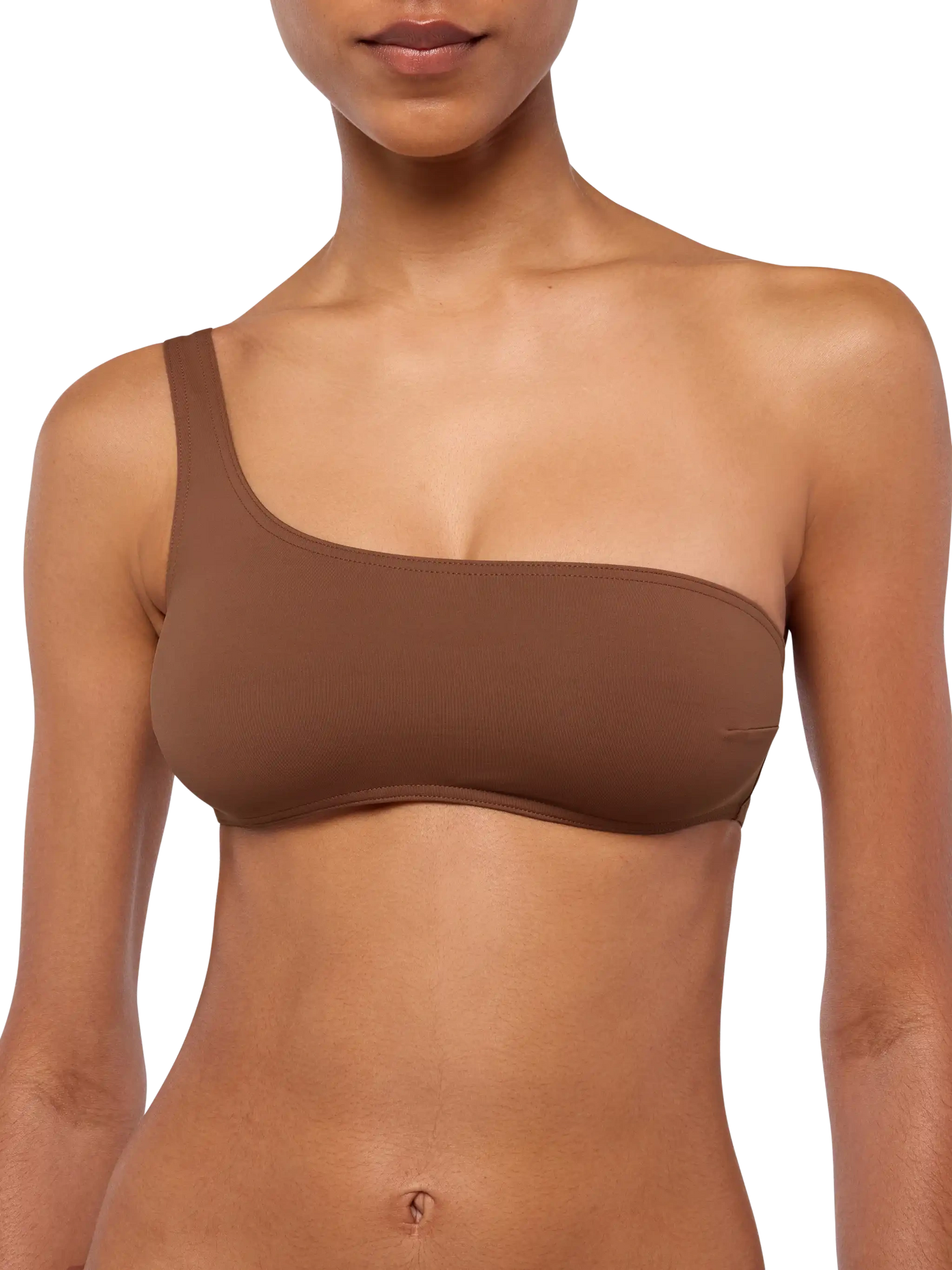 Celestine Yali brown bikini with one-shoulder bralette top and classic briefs