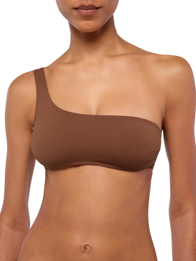 Celestine Yali brown bikini with one-shoulder bralette top and classic briefs