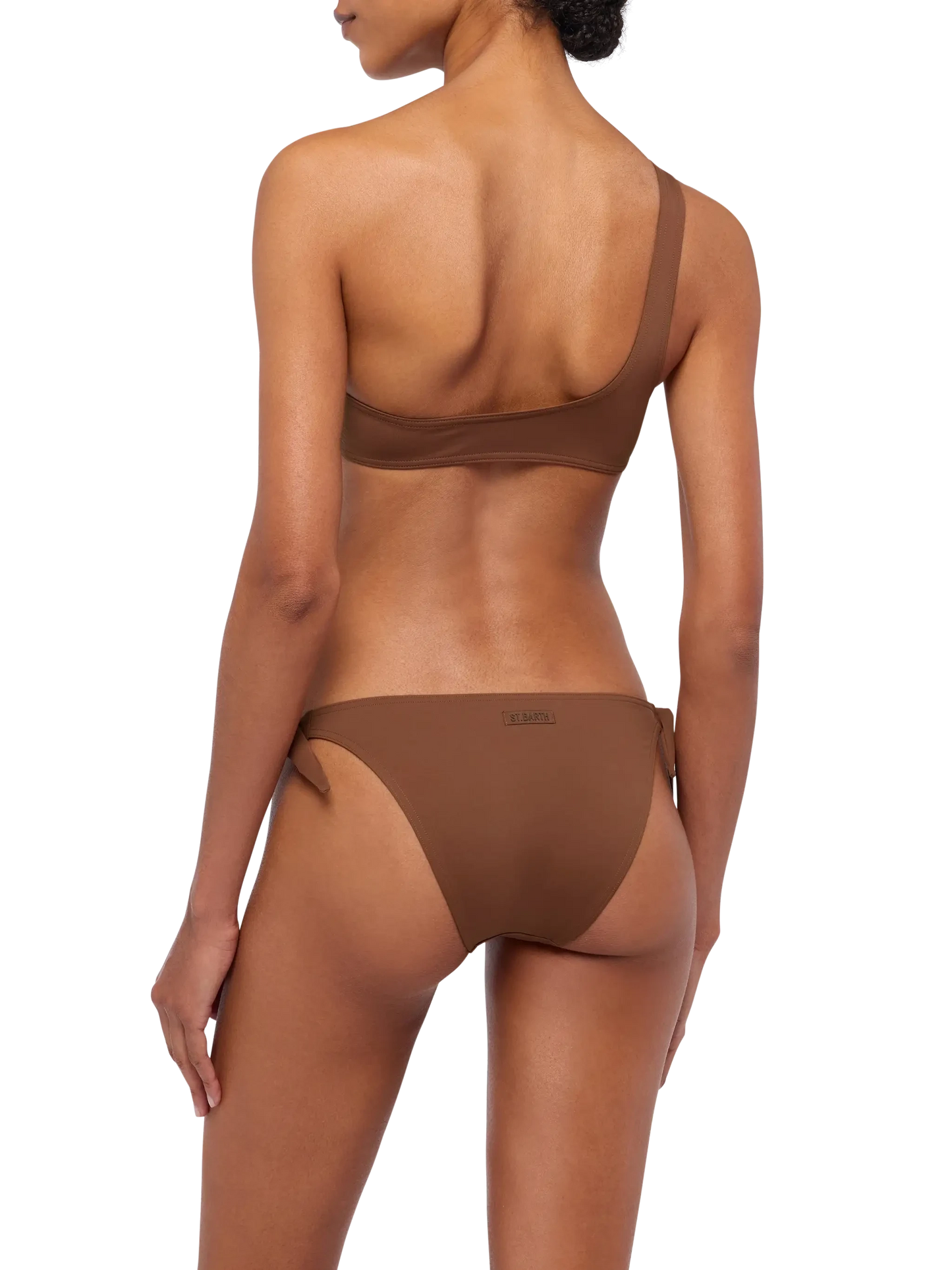 Celestine Yali brown bikini with one-shoulder bralette top and classic briefs