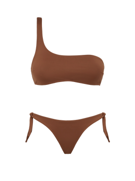 Celestine Yali brown bikini with one-shoulder bralette top and classic briefs