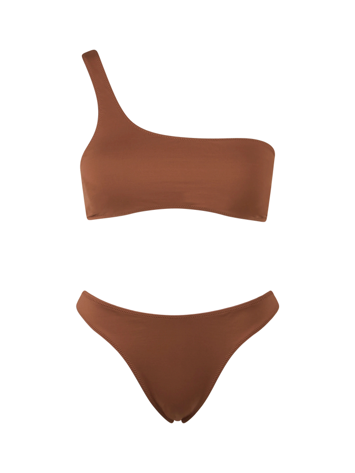 Woman brown one shoulder bralette bikini Celestine Naomi