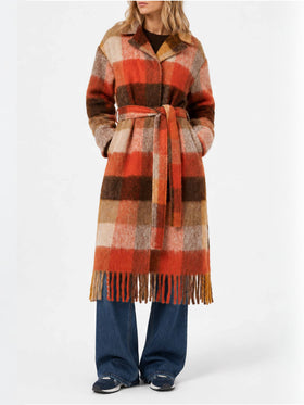 Manteau long Charlot avec franges et motif à carreaux 