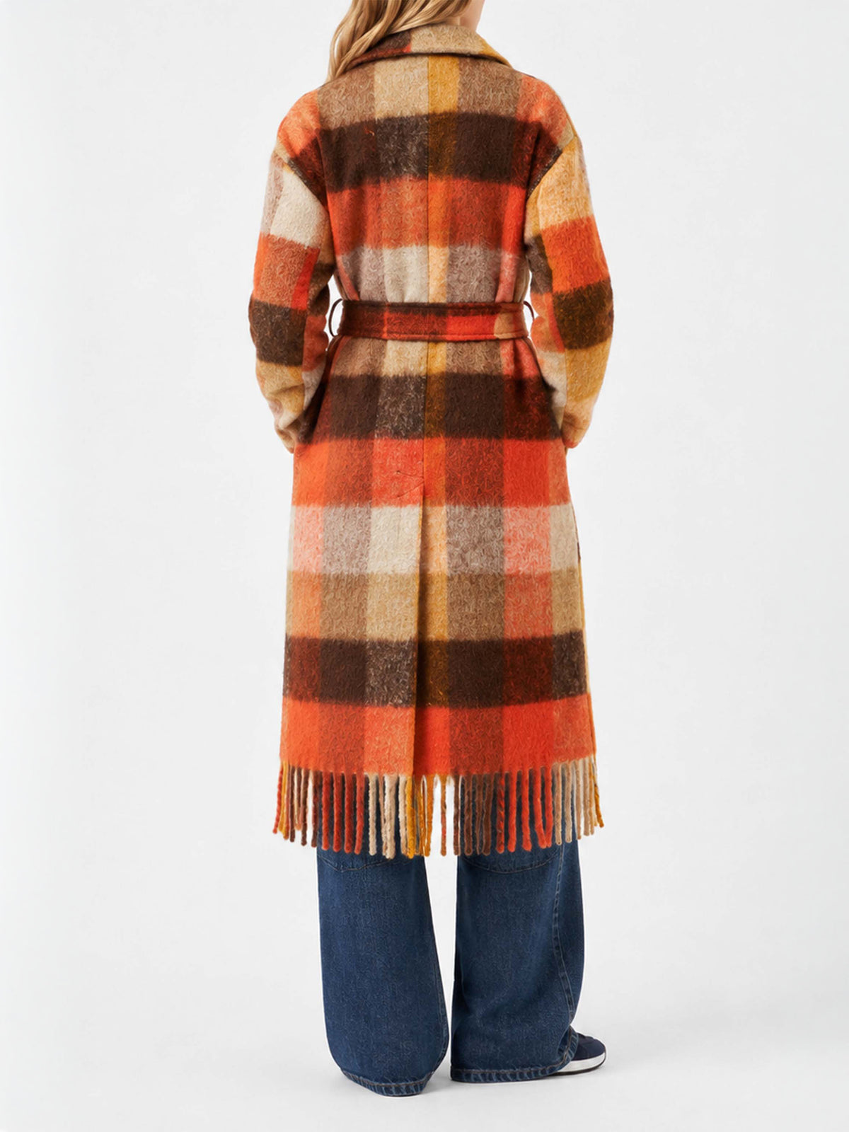 Manteau long Charlot avec franges et motif à carreaux 