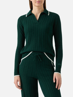 Clichy cable-knit wool polo in British green