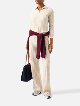Beiger Strick mit Polokragen aus Clichy Wolle mit Pointelle-Muster 