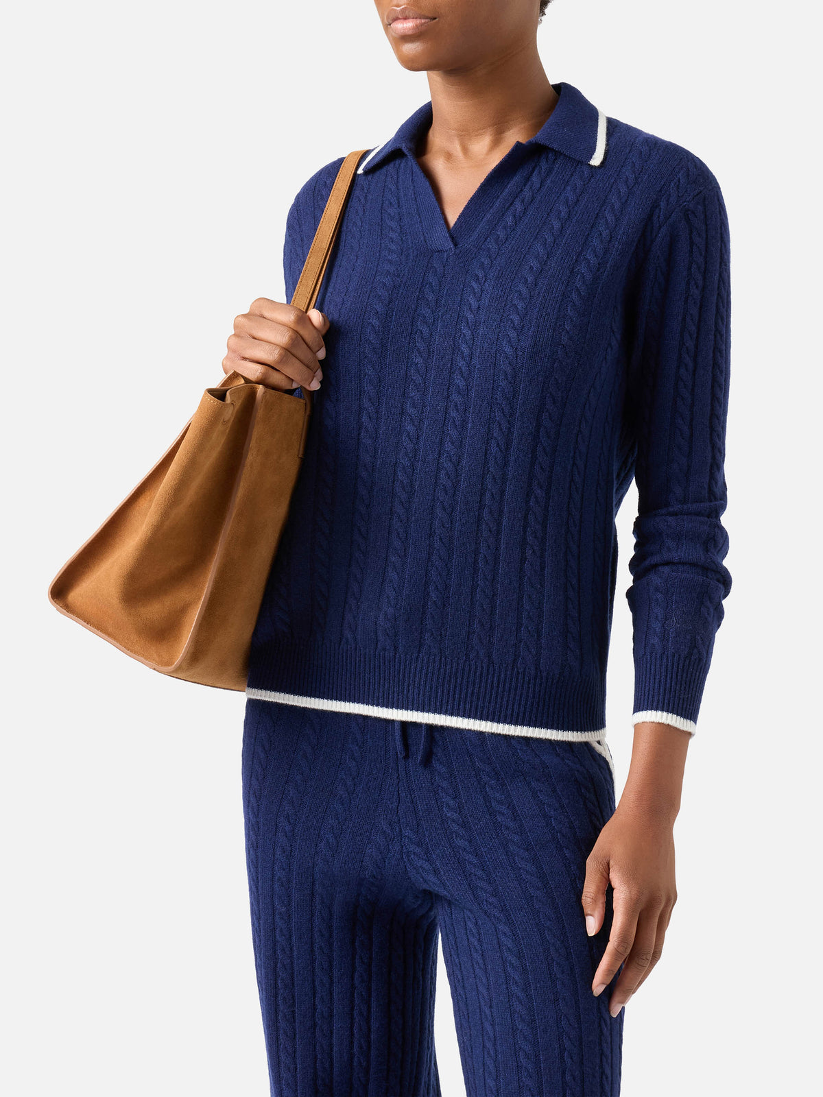 Nachtblauer blue Clichy Strick mit Polokragen aus Wolle mit Pointelle-Muster 