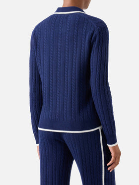 Nachtblauer blue Clichy Strick mit Polokragen aus Wolle mit Pointelle-Muster 