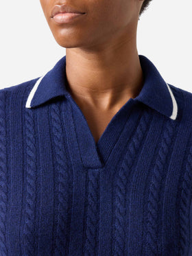 Nachtblauer blue Clichy Strick mit Polokragen aus Wolle mit Pointelle-Muster 