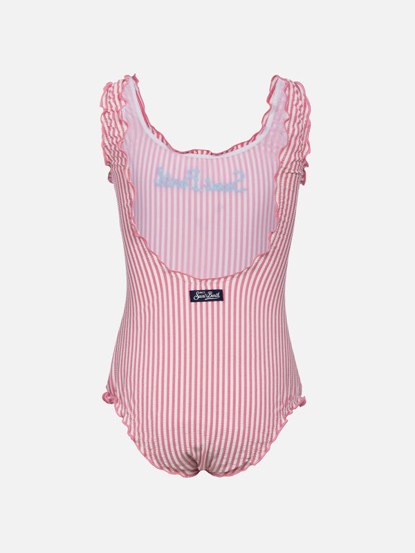 Girl seersucker one piece swimsuit Clio with contrast frill