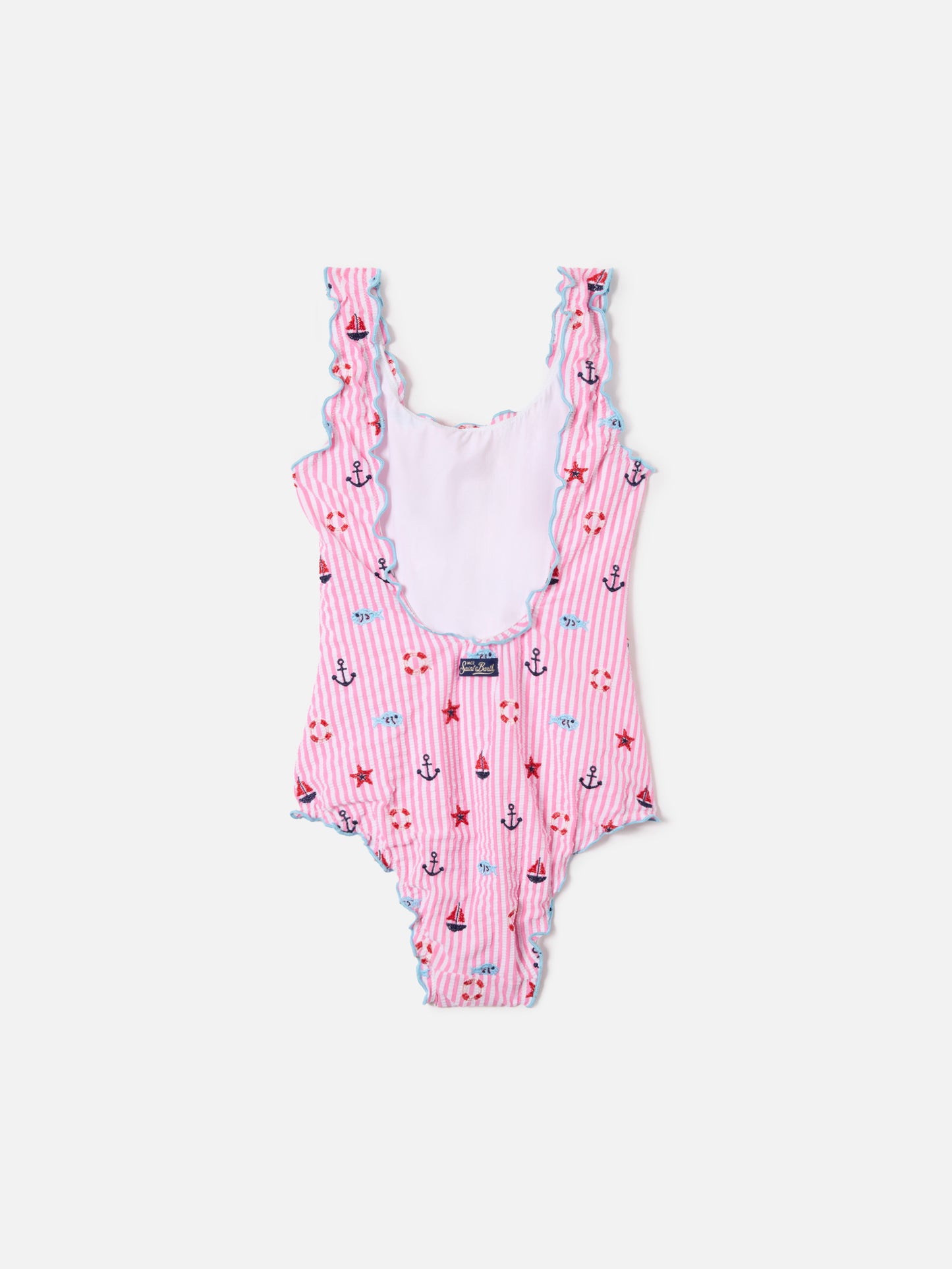 Clio one-piece swimsuit in embroidered seersucker with pink stripes