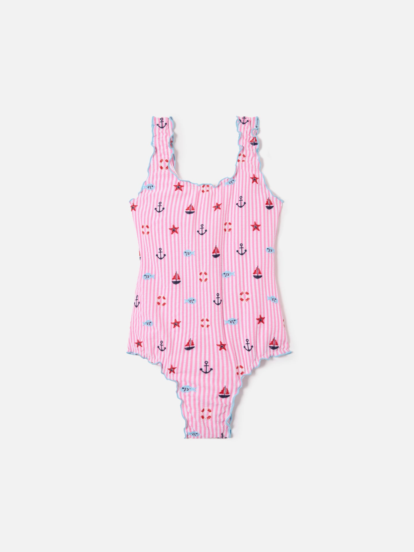 Clio one-piece swimsuit in embroidered seersucker with pink stripes