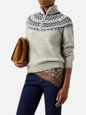 Grey Clyde wool blend half-zip knit with nordic pattern