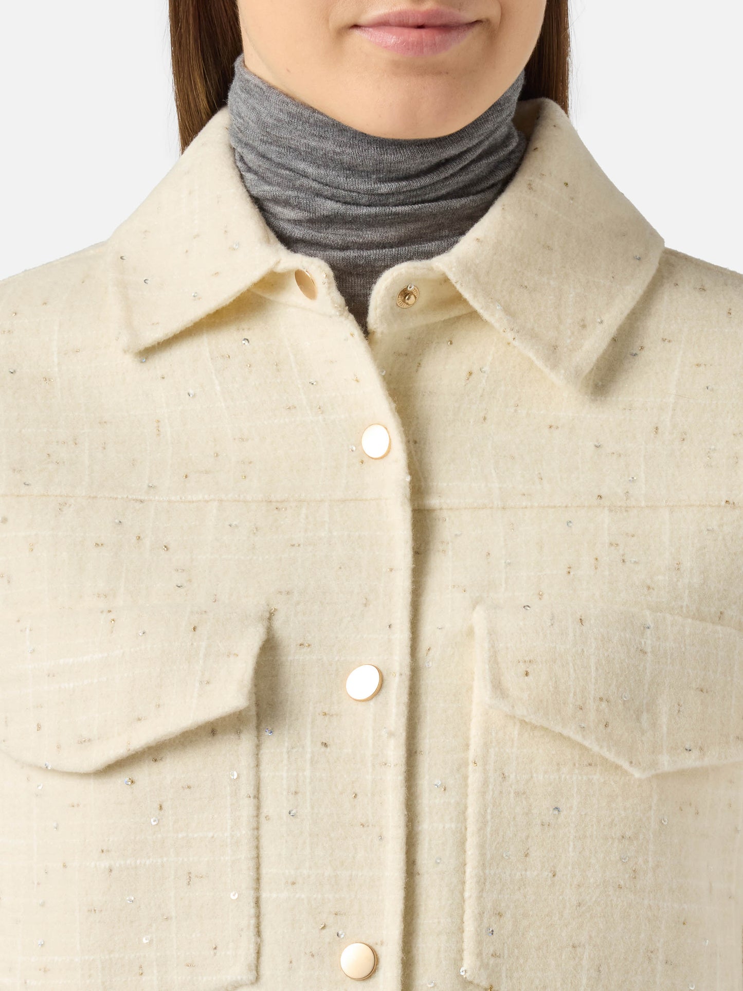 Giacca da donna in tweed di lana bianca Chantel con paillettes