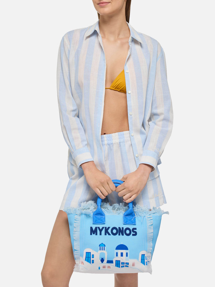 Colette cotton canvas handbag with Mykonos postcard print