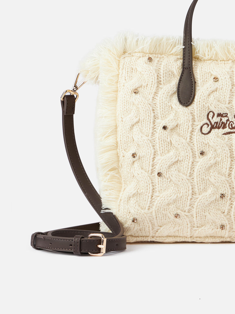 White cable knit Colette handbag with rhinestones embellishment