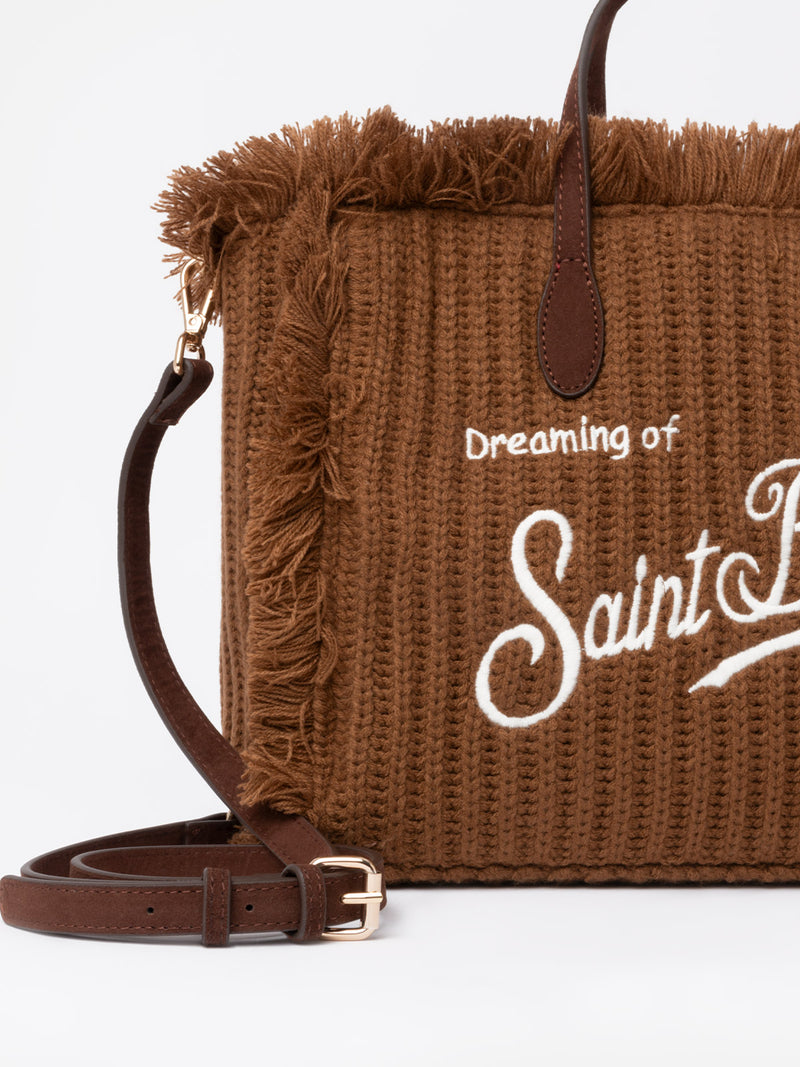 Brown rib knit Colette handbag with logo embroidery