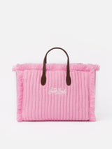 Pink rib knit Colette handbag with logo embroidery